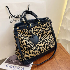 Houndstooth Wool Shoulder Bags Leopard Tote