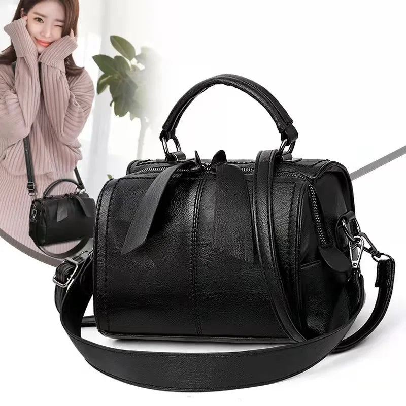 Classic Soft Leather Ladies Bag with Bow - Crossbody Top Handle Shoulder Bag
