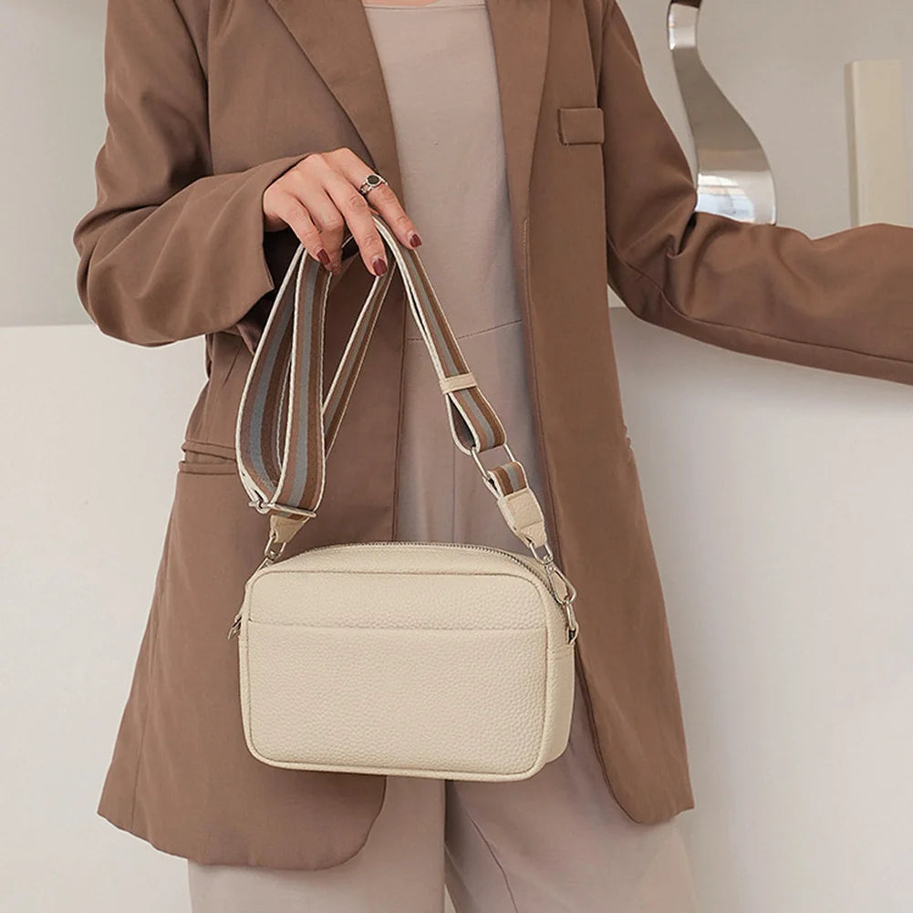 Classic Women Messenger Bag PU Shoulder Bag Wide Strap Solid Crossbody Bags
