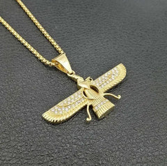 Zoroastrian Faravahar Symbol Pendant Necklace Rhinestone Bling Men's Amulet