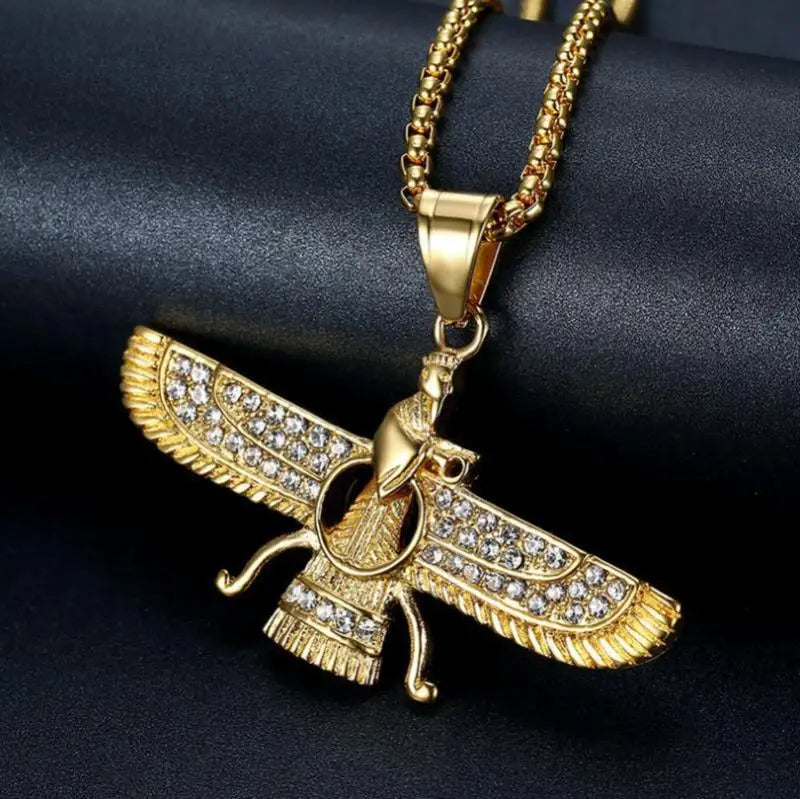 Zoroastrian Faravahar Symbol Pendant Necklace Rhinestone Bling Men's Amulet
