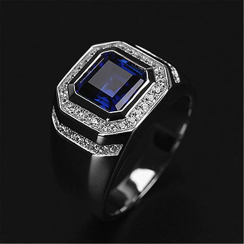 Square Crystal Sapphire Diamonds Ring Men Silver Bague Jewelry