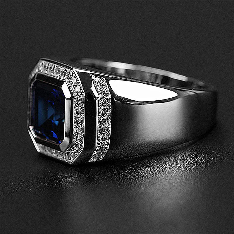 Square Crystal Sapphire Diamonds Ring Men Silver Bague Jewelry