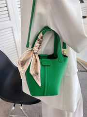 Classical Scarf Bucket Bag Green Pu Leather Shoulder Crossbody Tote Bag