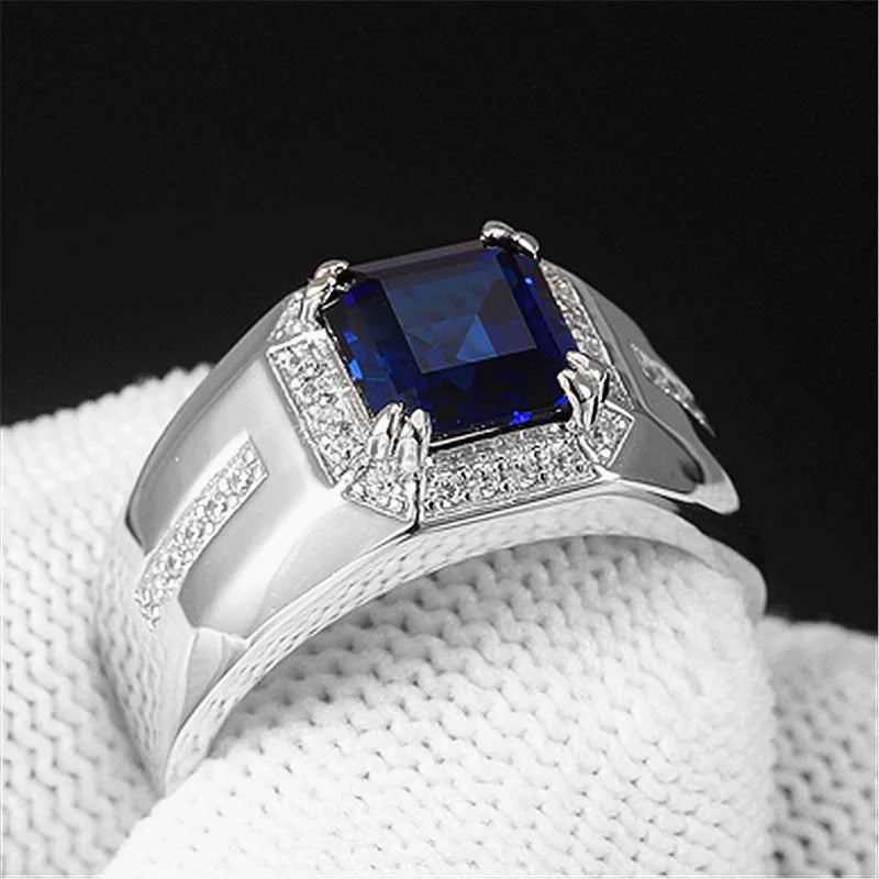 Square Crystal Sapphire Diamond Men's Silver Ring