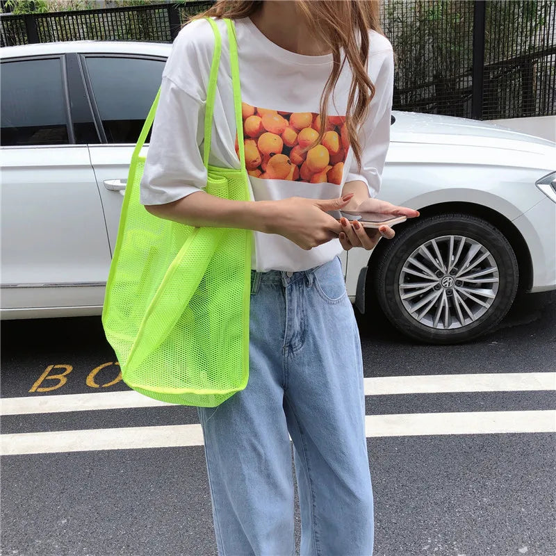 Mesh Shoulder Bag Beach Canvas Shopping Tote Heavy Duty Handbags