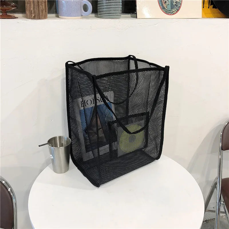 Mesh Shoulder Bag Beach Canvas Shopping Tote Heavy Duty Handbags