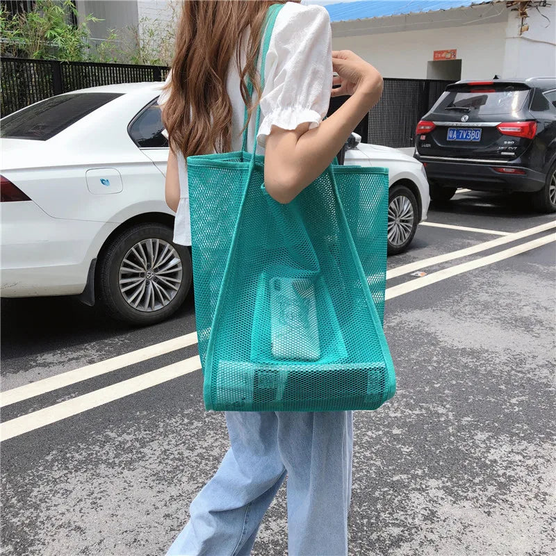 Mesh Shoulder Bag Beach Canvas Shopping Tote Heavy Duty Handbags