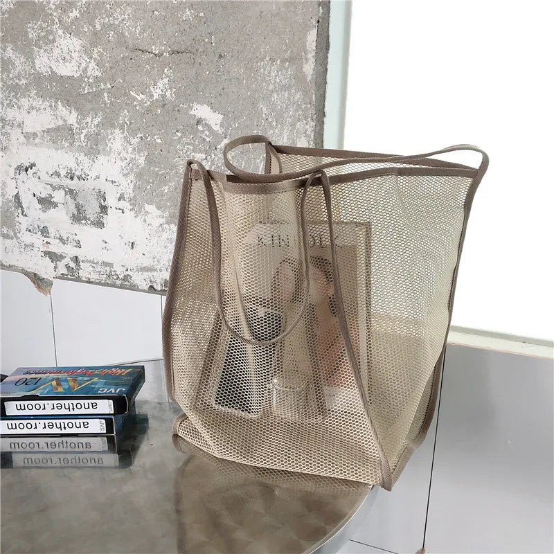 Mesh Shoulder Bag Beach Canvas Shopping Tote Heavy Duty Handbags