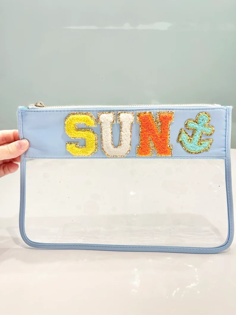Clear Nylon Cosmetic Bag with Glitter Varsity Letter Patches