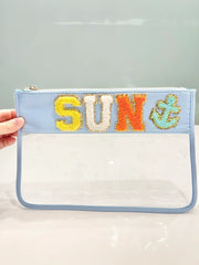 Clear Nylon Cosmetic Bag with Glitter Varsity Letter Patches
