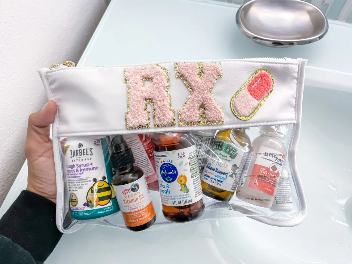 Clear Nylon Cosmetic Bag with Glitter Varsity Letter Patches