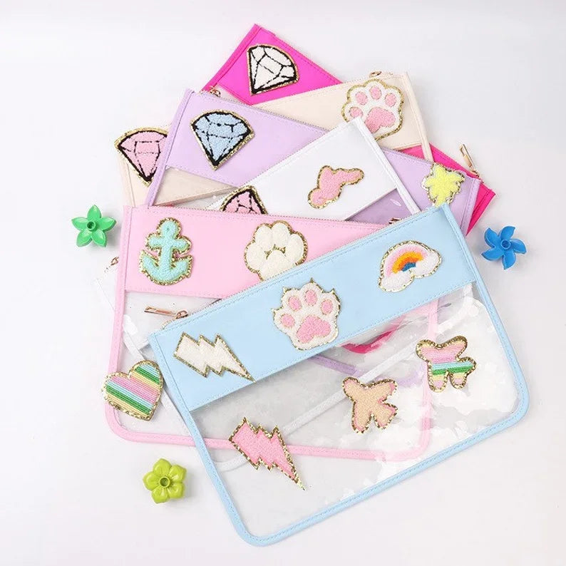 Clear Nylon Cosmetic Bag with Glitter Varsity Letter Patches