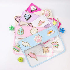 Clear Nylon Cosmetic Bag with Glitter Varsity Letter Patches