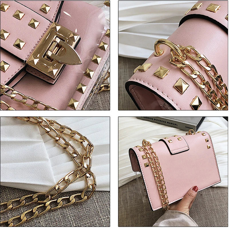 Clear PVC Shoulder Bags Women Jelly Rivets Crossbody Bag
