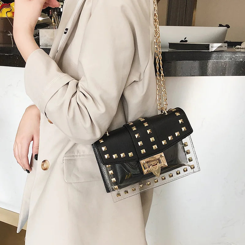 Clear PVC Shoulder Bags Women Jelly Rivets Crossbody Bag