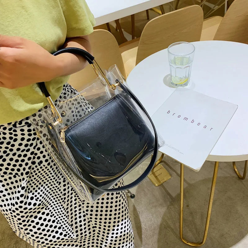 Clear Women Tote Bag PVC Transparent Shopping Bag Shoulder Handbag