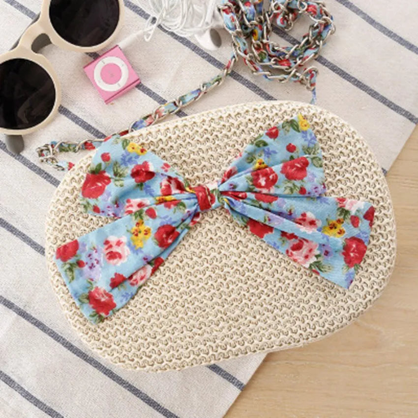 College Floral Bow Straw Bag Messenger Bag Woven Holiday Resort Beach Purse