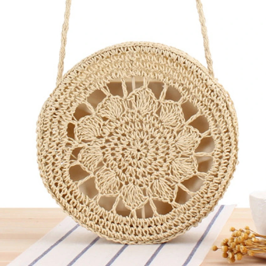 Round Shoulder Vacation Beach Bag Straw Bag Hollow Knit Women Bag