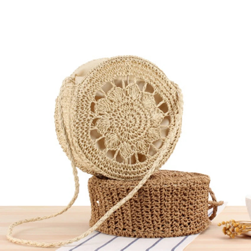 Round Shoulder Vacation Beach Bag Straw Bag Hollow Knit Women Bag
