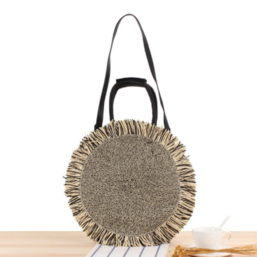 College Fringed Straw Bag Shoulder Dual-Use Travel Vacation Shoulder Bag