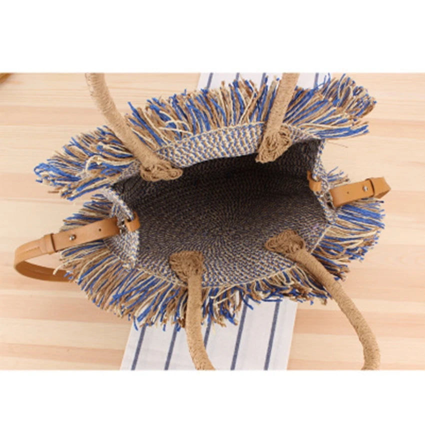 College Fringed Straw Bag Shoulder Dual-Use Travel Vacation Shoulder Bag