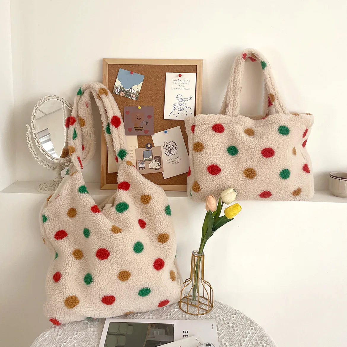 Women's Plush Shoulder Bag Faux Lamb Wool Large Shopping Bags Girls Handbags