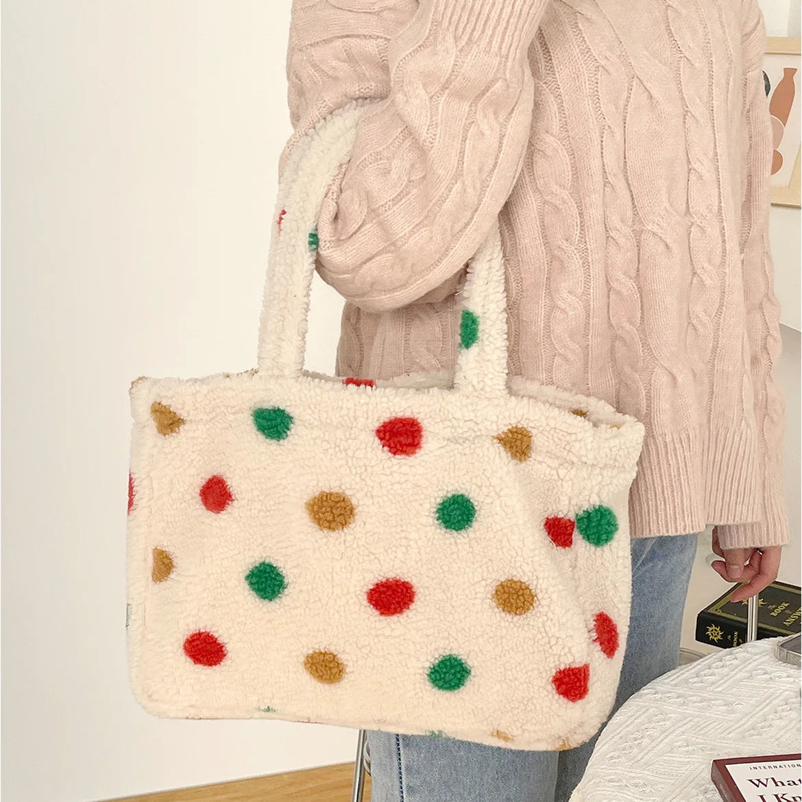 Women's Plush Shoulder Bag Faux Lamb Wool Large Shopping Bags Girls Handbags