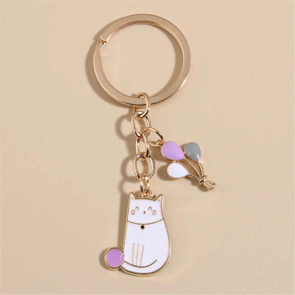 Colorful Cat Balloon Enamel Keychain Bag Charms Metal Car Keys Holder