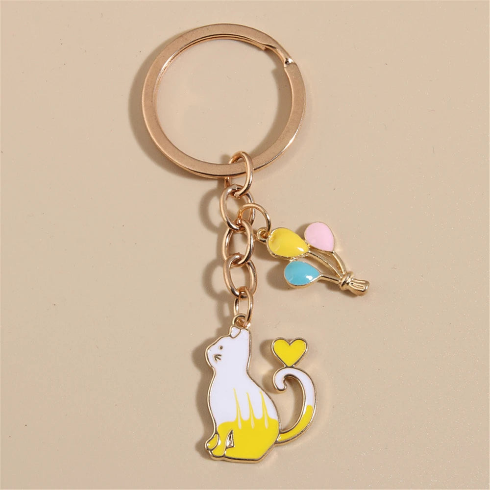 Colorful Cat Balloon Enamel Keychain Bag Charms Metal Car Keys Holder