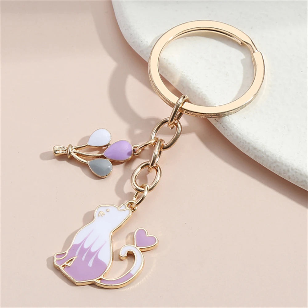 Colorful Cat Balloon Enamel Keychain Bag Charms Metal Car Keys Holder