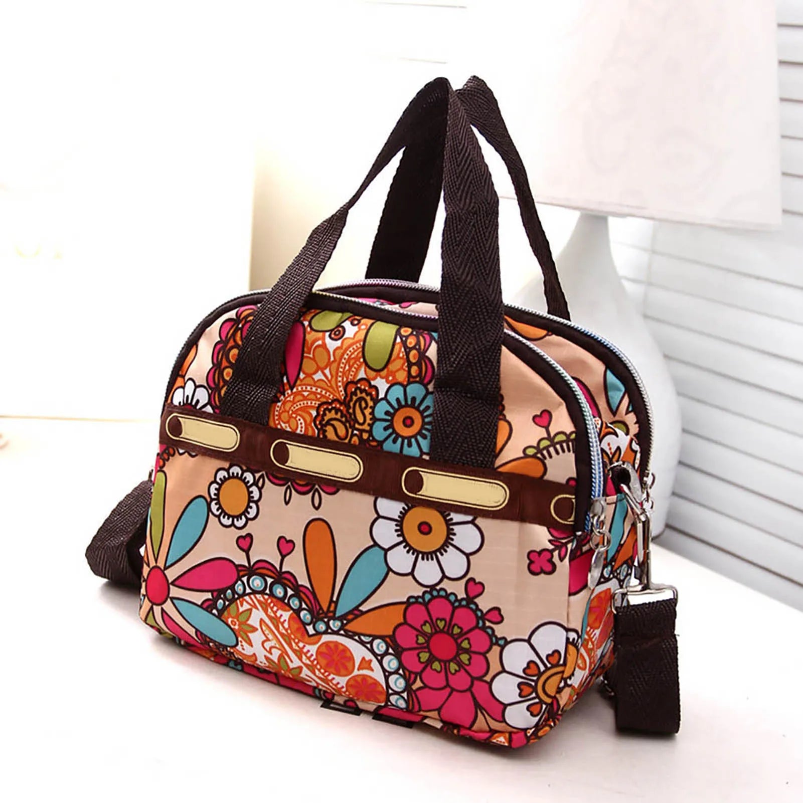 Floral Print Women Tote Handbag Zipper Crossbody Bag
