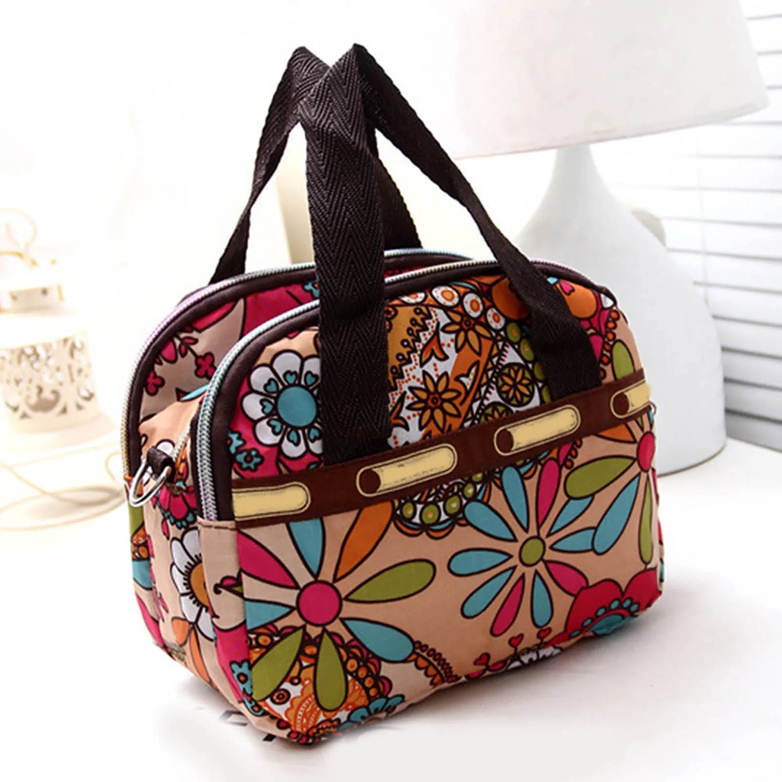 Floral Print Women Tote Handbag Zipper Crossbody Bag