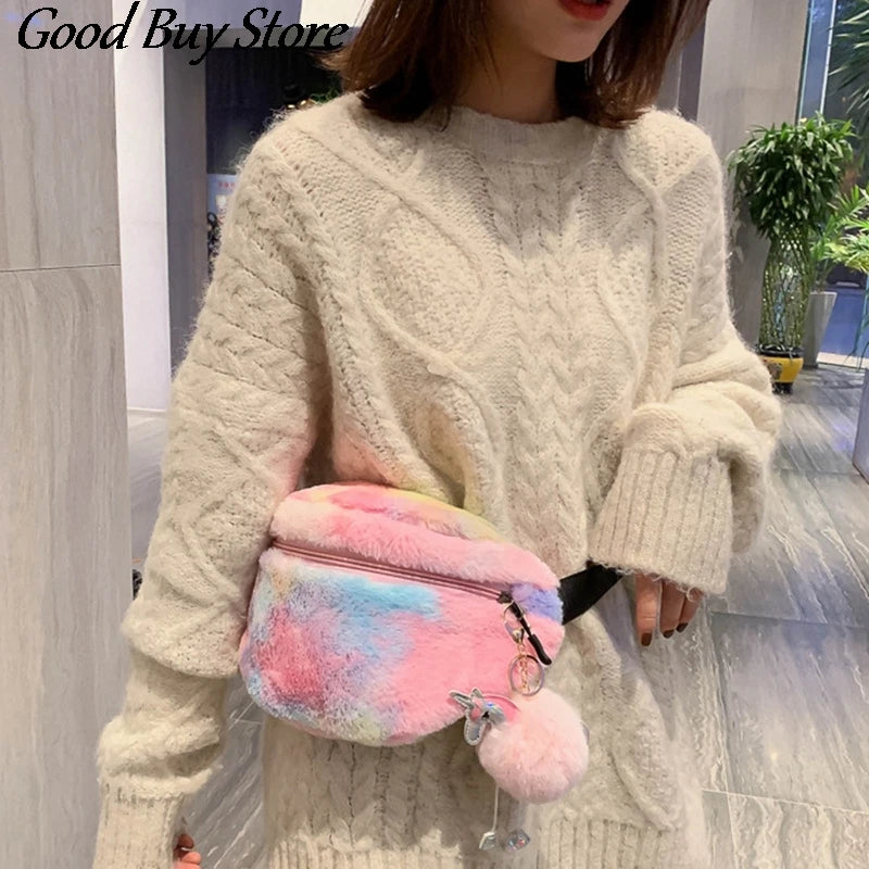 Colorful Fur Waist Bag Shoulder Belt Bags Women Phone Pouch Student Fanny Packs