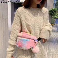 Colorful Fur Waist Bag Shoulder Belt Bags Women Phone Pouch Student Fanny Packs