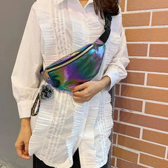 Colorful Laser Fanny Chest Bag Large Capacity Plush Pendant Women Leather Waist