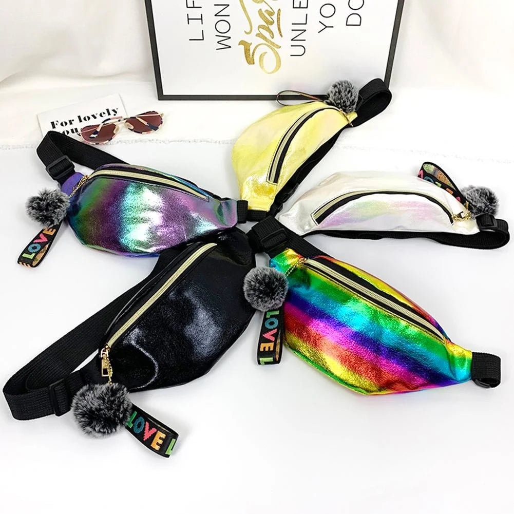 Colorful Laser Fanny Chest Bag Large Capacity Plush Pendant Women Leather Waist