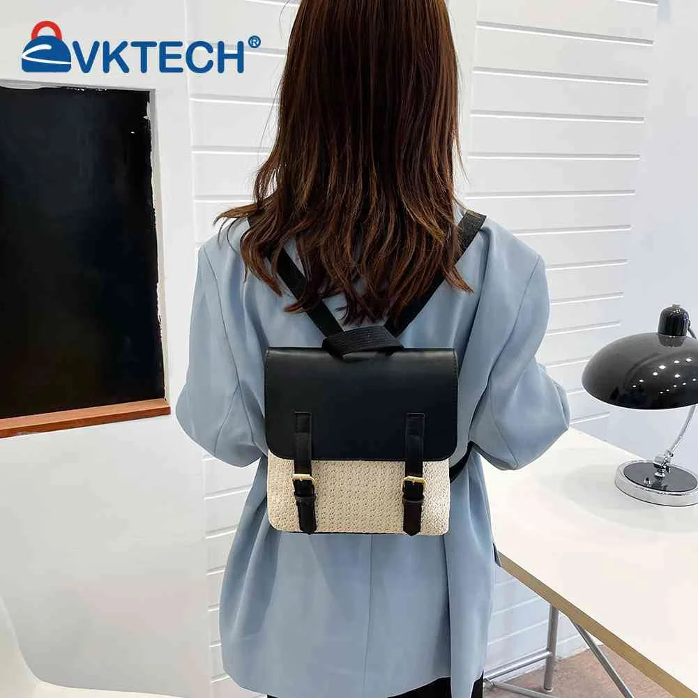 Colorful Straw Backpack for Women PU Leather Splicing School Bag Travel Beach