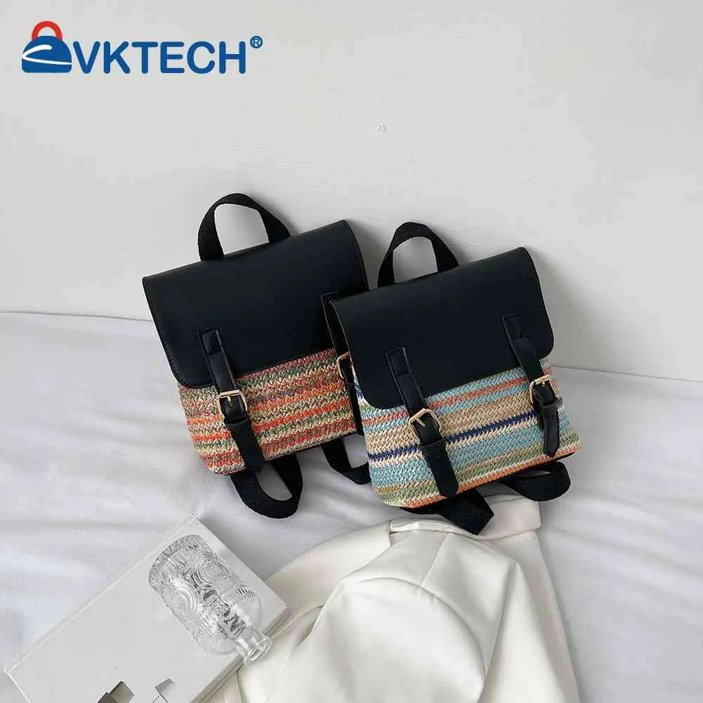 Colorful Straw Backpack for Women PU Leather Splicing School Bag Travel Beach