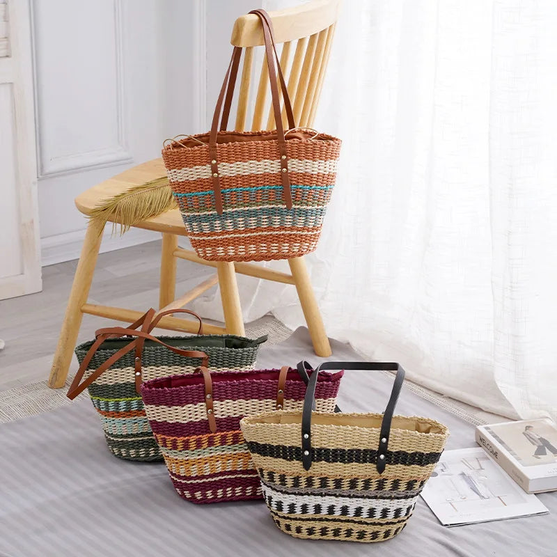 Colorful Striped Straw Tote Bag Women's Fashionable Purse
