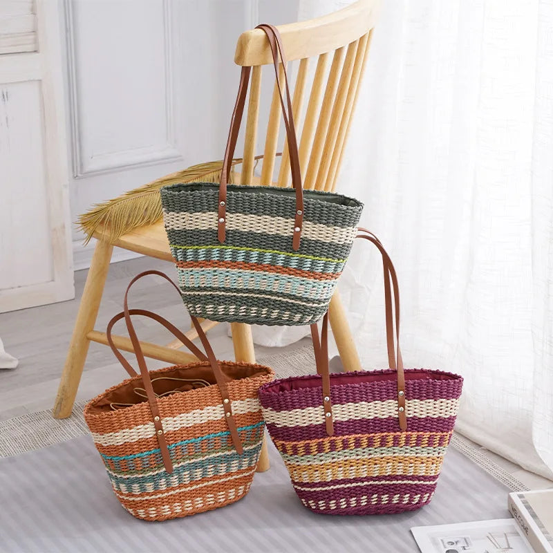 Colorful Striped Straw Tote Bag Women's Fashionable Purse