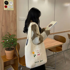 Comic Wool Shoulder Bag Embroidery Handbag Large Capacity