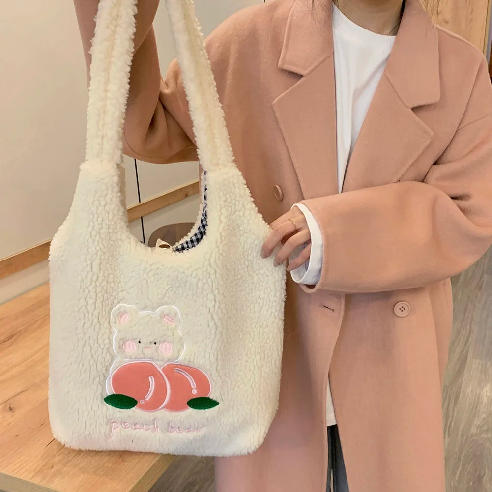 Comic Wool Shoulder Bag Embroidery Handbag Large Capacity