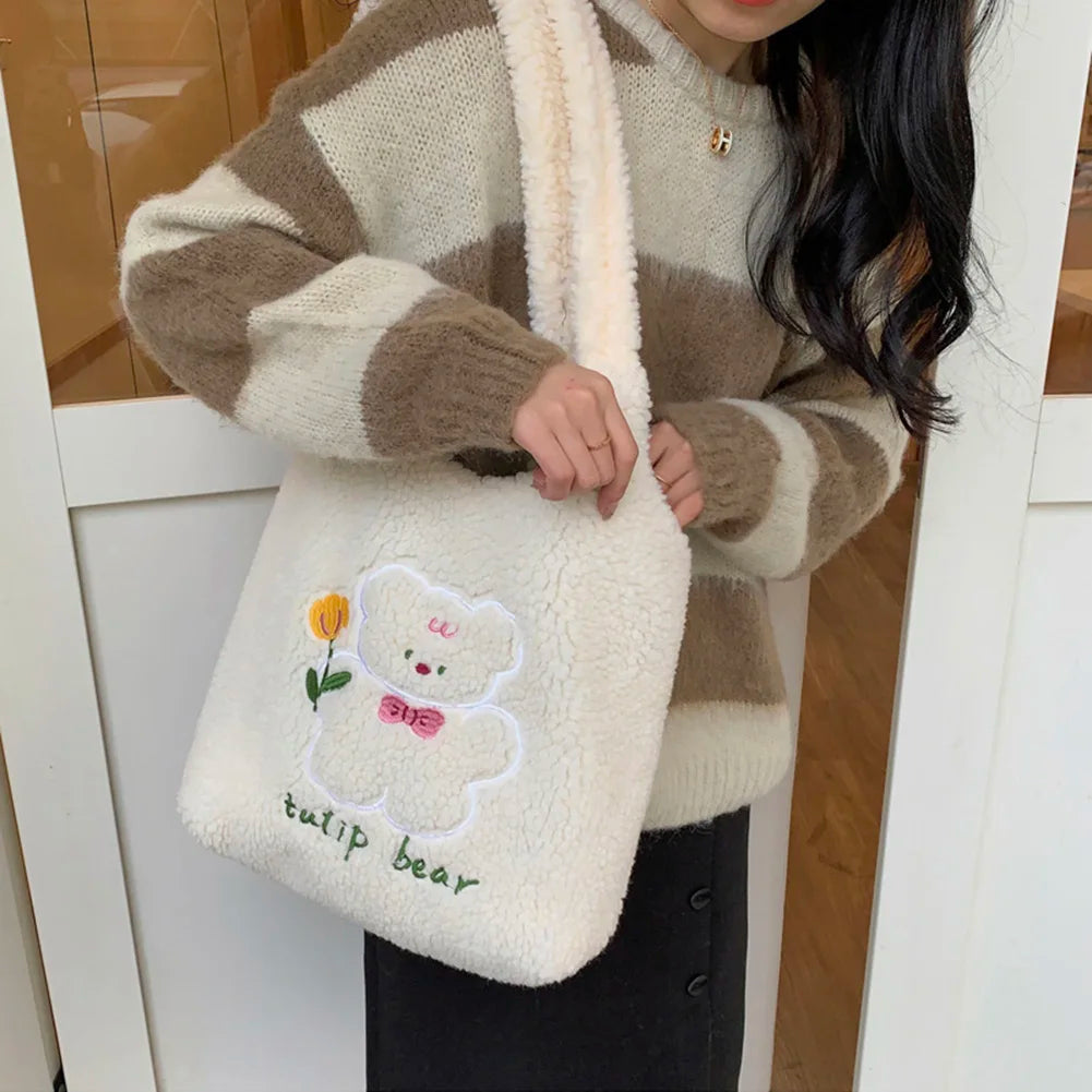Comic Wool Shoulder Bag Embroidery Handbag Large Capacity