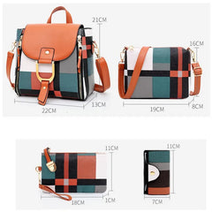 Plaid Leather Backpacks Set Girls Travel Shoulder Bags 4 Pcs