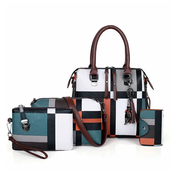 Plaid Tassel Women Handbag Set 4 pcs/set High Tote Bag