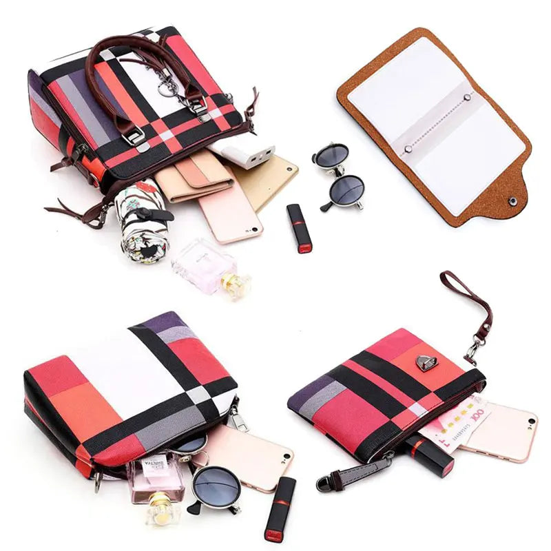 Plaid Tassel Women Handbag Set 4 pcs/set High Tote Bag