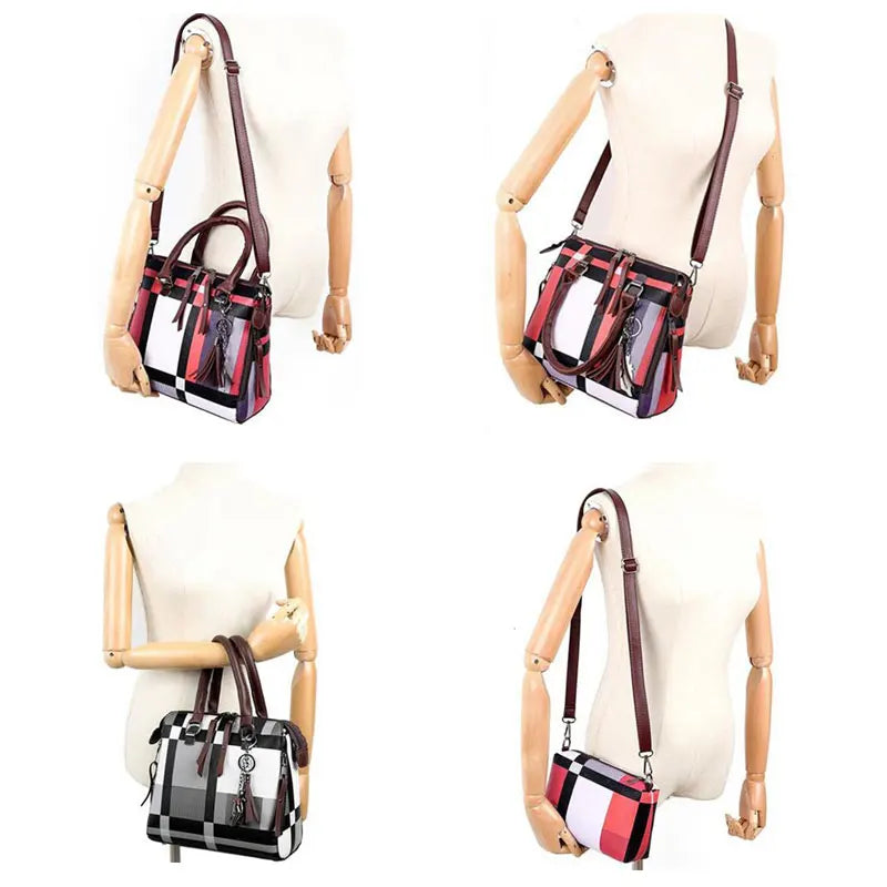 Plaid Tassel Women Handbag Set 4 pcs/set High Tote Bag