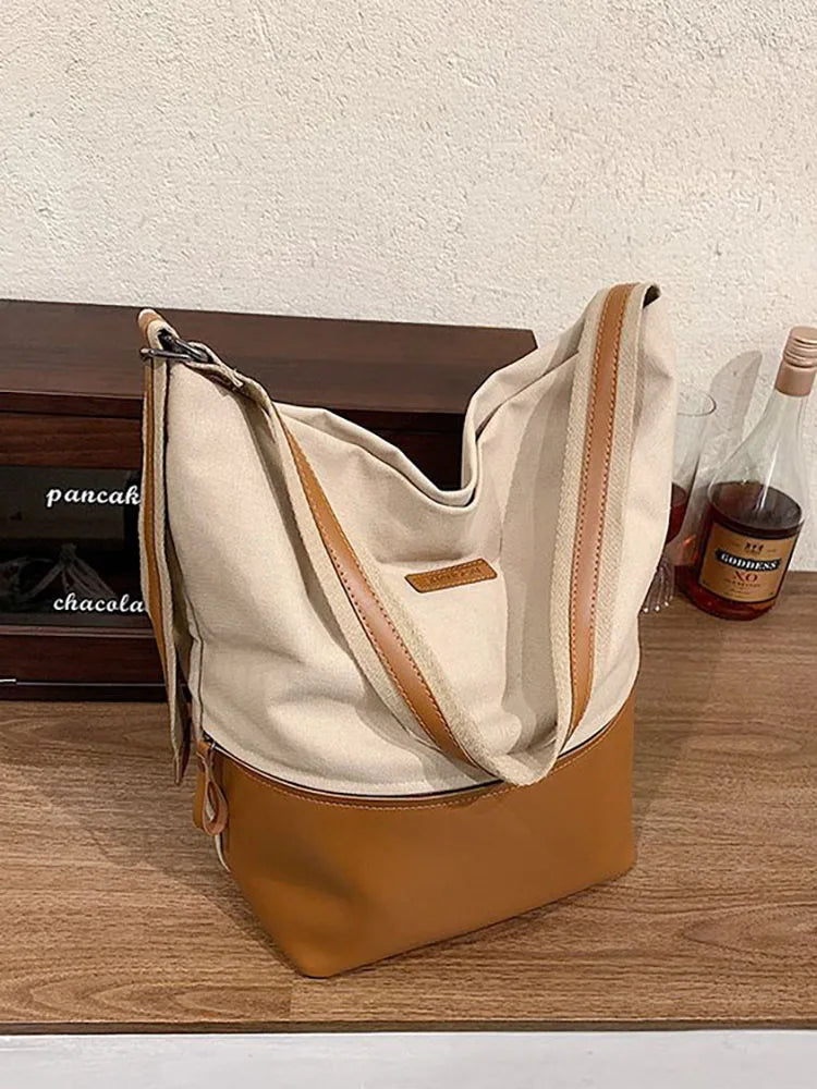 Contrast Canvas Bucket Crossbody Bag for Women Large Capacity Shoulder Bag