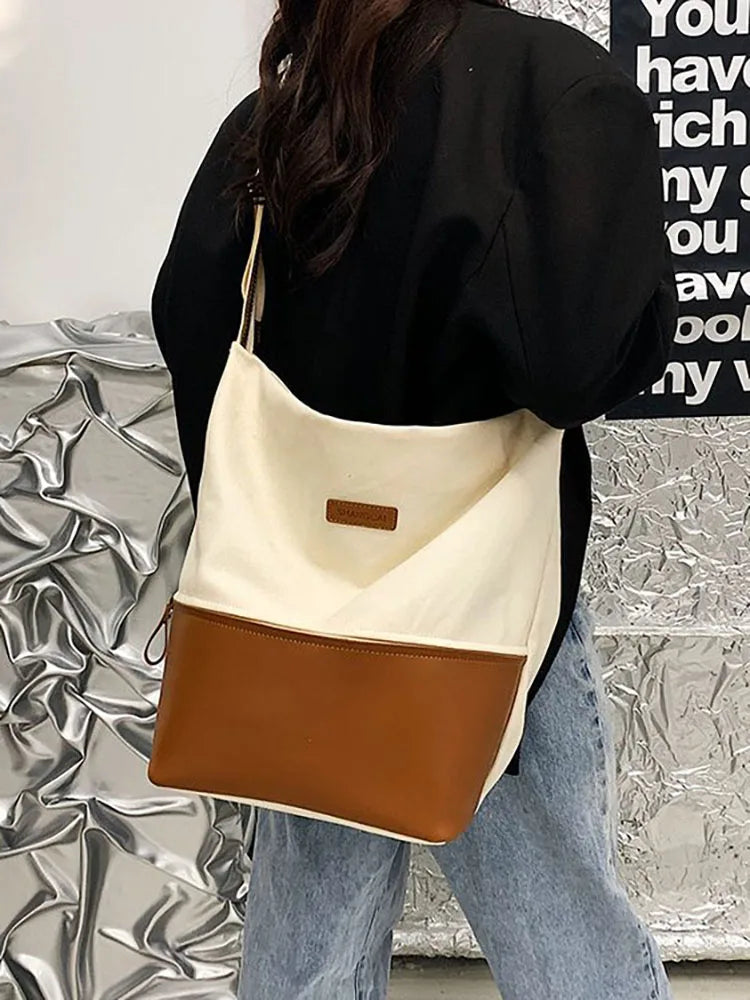 Contrast Canvas Bucket Crossbody Bag for Women Large Capacity Shoulder Bag